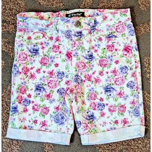 TRACTOR Girls Jean Shorts Size 7 Adjustable Waist Stretch Bermuda Cuffed Floral